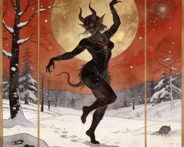 Demonic Female Figure in Winter Forest Artwork