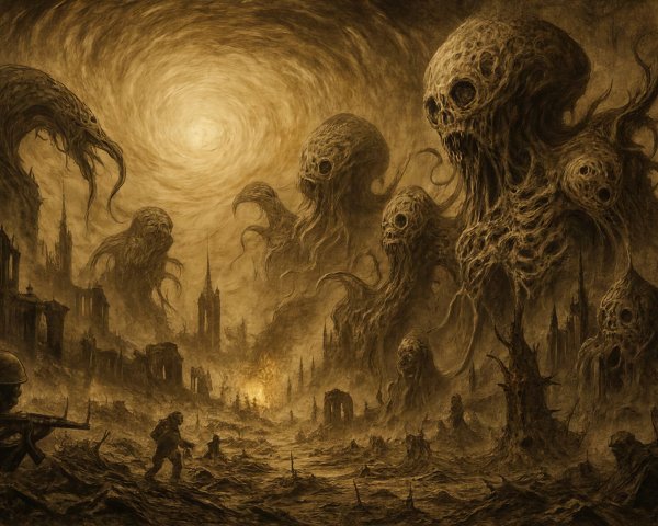 Horror Scene with Tentacled Creatures in Ruined City