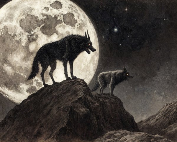Wolves on Mountains Under Full Moon in Starry Sky