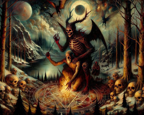 Dark Sorcerer and Skeletal Demon in Snowy Forest Ritual