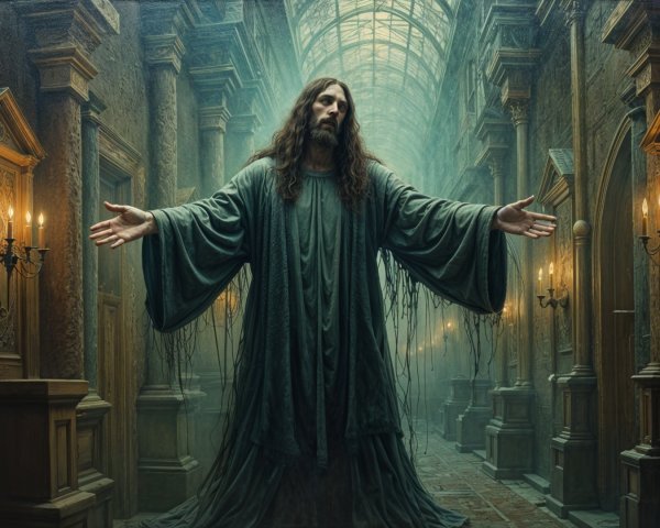 Tall figure in tattered robes in ornate corridor