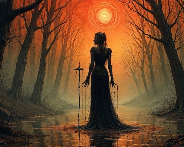 Mysterious Figure in Haunting Forest at Sunset