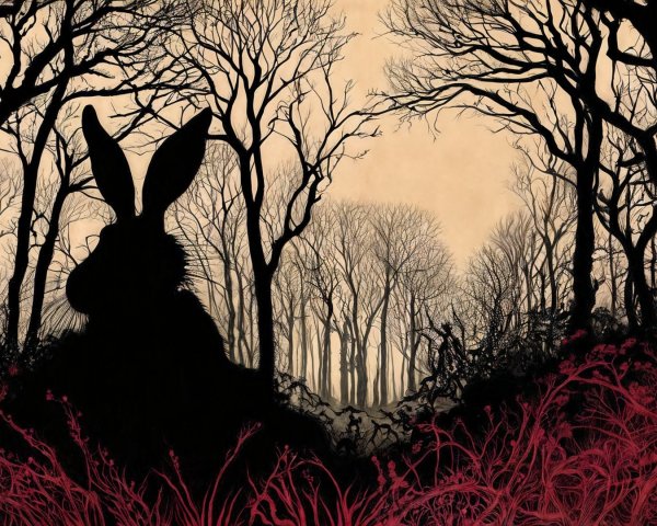 Dark Landscape with Rabbit Silhouette and Twisted Trees