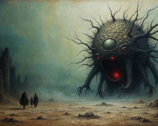 Cloaked Figures Facing Colossal Nightmarish Creature