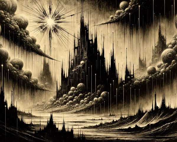 Monochromatic Landscape with Dark Spires and Clouds