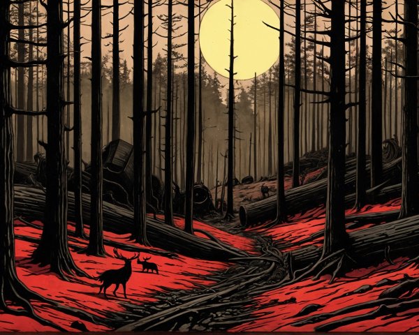 Haunting Forest Scene with Eerie Moon and Shadows