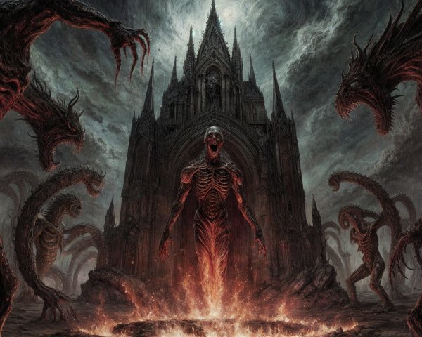Gothic Cathedral and Sinister Figures in Dark Landscape