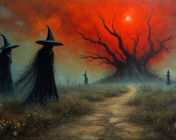 Shadowy Figures in Haunting Landscape at Sunset