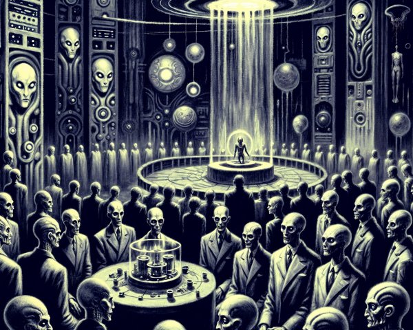 Futuristic Chamber with Alien Figures and Machinery