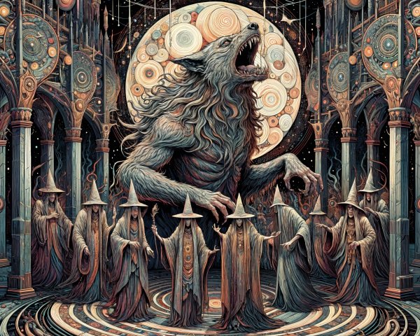 Colossal Wolf-like Creature Amid Hooded Figures in Ritual