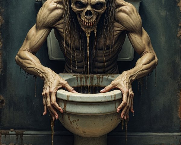 Grotesque Skeletal Figure in Dimly Lit Bathroom