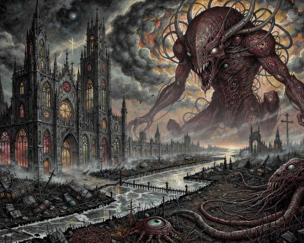 Gothic Horror Landscape with Monstrous Giant and Ruins