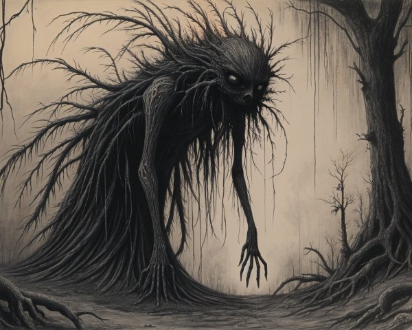 Ominous Figure in a Shadowy Forest Scene