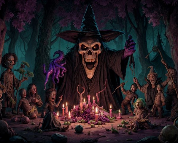 Sinister Figure in Enchanted Forest with Grotesque Puppets