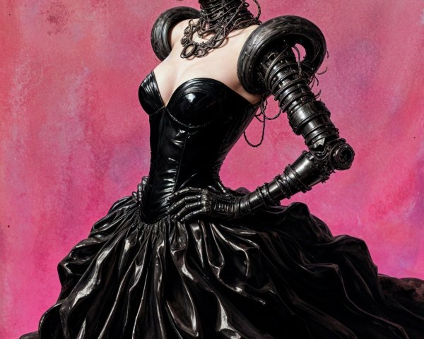 Futuristic gown with voluminous black skirt and accessories