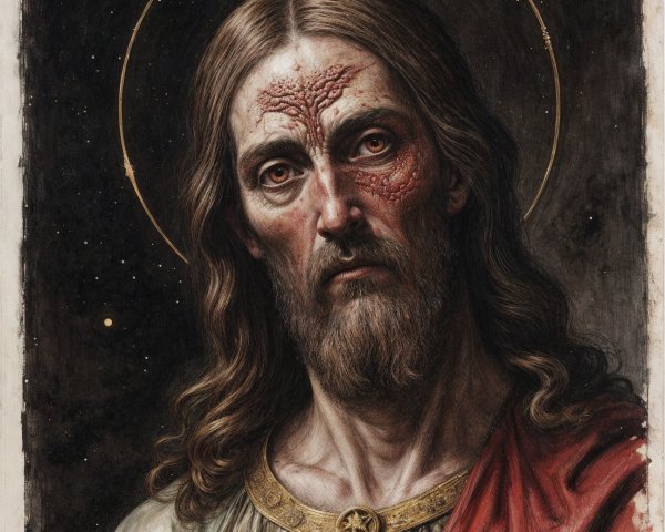 Portrait of a solemn figure with a luminous halo