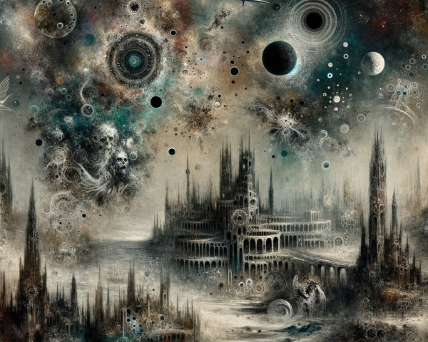 Surreal Cosmic Landscape with Ethereal Castles and Spires