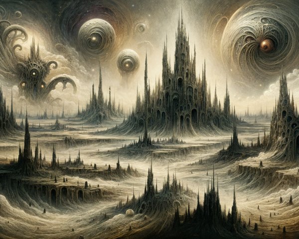 Surreal Otherworldly Landscape with Cosmic Elements