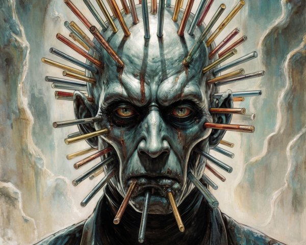 Surreal Figure with Halo of Colorful Sharp Objects