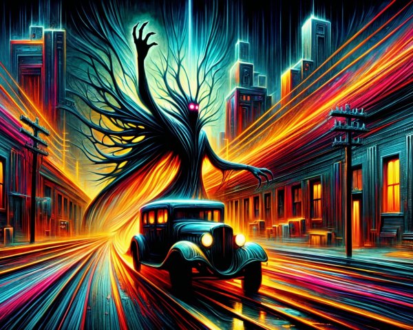 Vintage Car in Neon City with Ominous Shadowy Figure