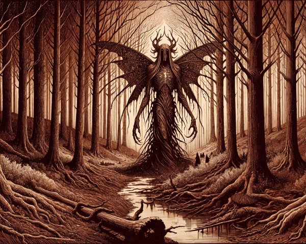 Dark Winged Figure in Eerie Twilight Forest
