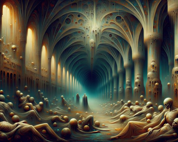Dramatic Oil Painting of Gothic Cathedral Interior