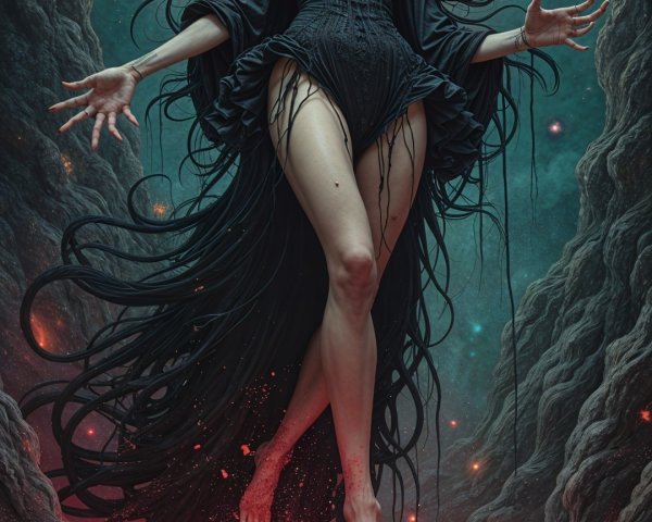 Ethereal Figure in Surreal Landscape with Red Moon