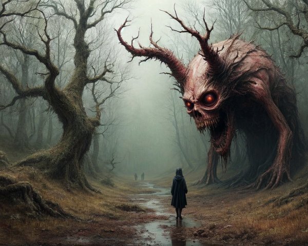 Misty Forest Scene with Cloaked Figure and Creature