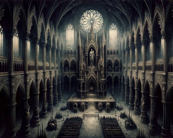 Gothic Cathedral Interior with Stained Glass and Altar