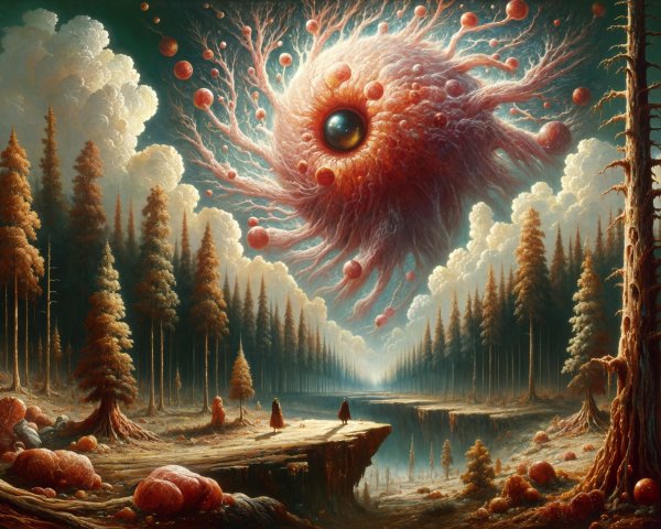 Surreal Landscape with Trees, Lake, and Mysterious Figures