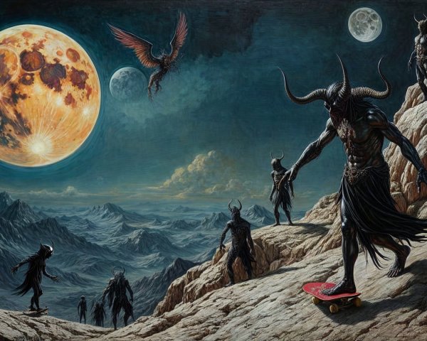 Surreal Night Landscape with Horned Figure and Moons