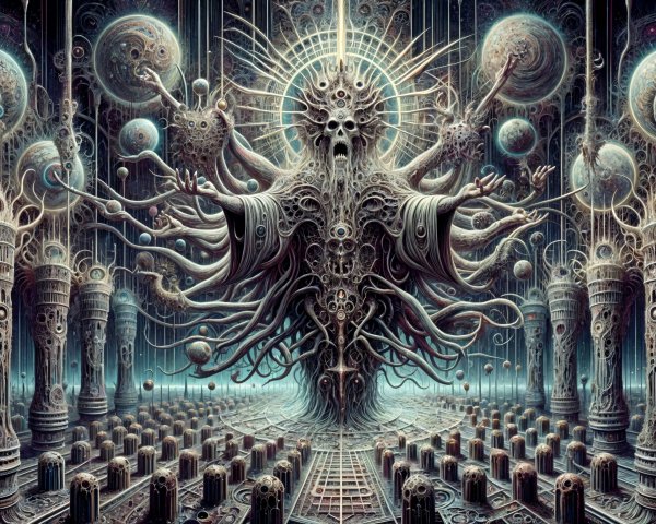 Surreal Cosmic Scene with Intricate Colossal Figure