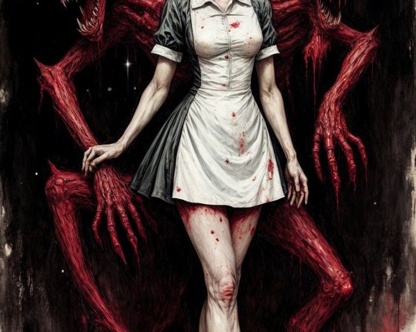 Nurse in Blood-Stained Uniform with Looming Demons