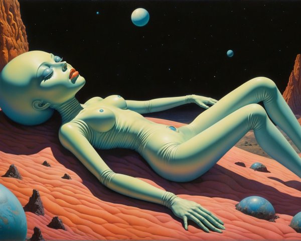 Stylized Extraterrestrial Figure in Vibrant Landscape