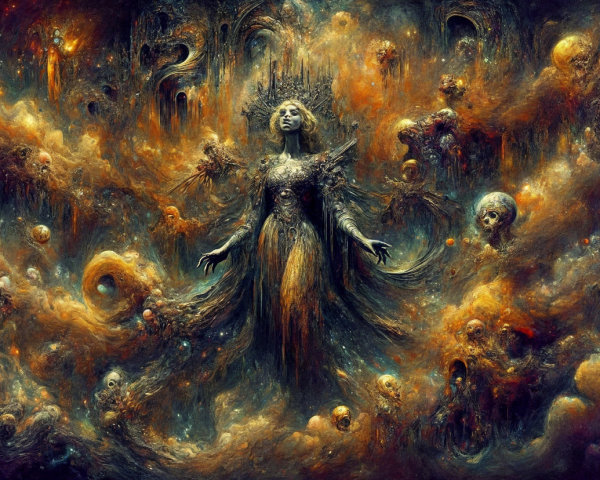 Surreal Cosmic Scene with Mysterious Figure and Colors