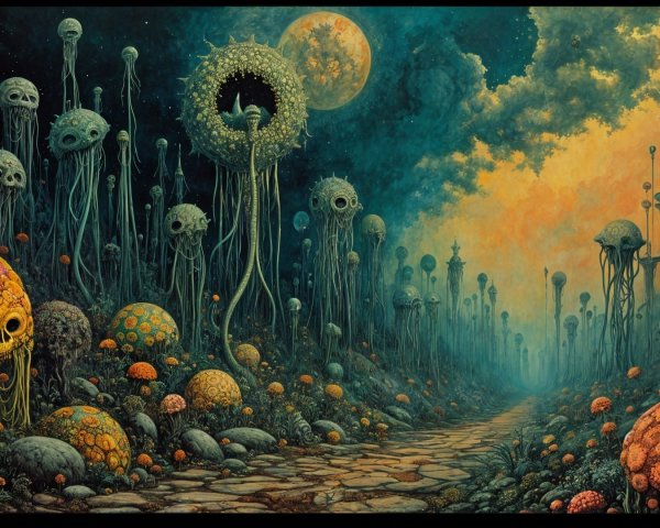 Surreal Landscape with Oversized Fungi and Skulls