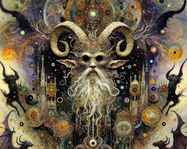 Mystical Figure with Ram's Horns in Cosmic Scene
