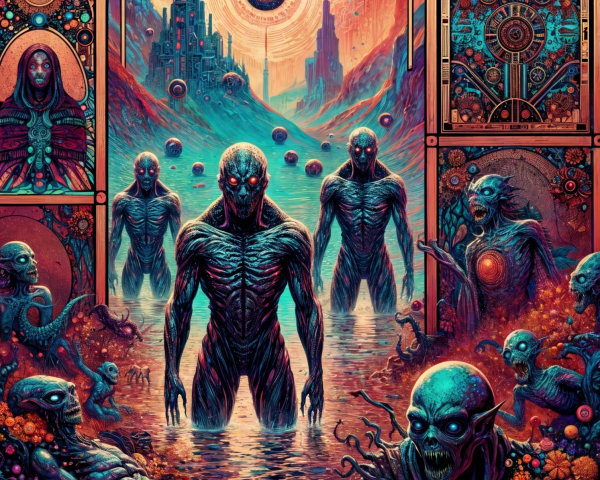 Surreal Landscape with Eerie Figures and Vibrant Water