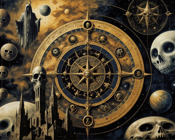 Cosmic Scene with Astrological Wheel and Gothic Elements