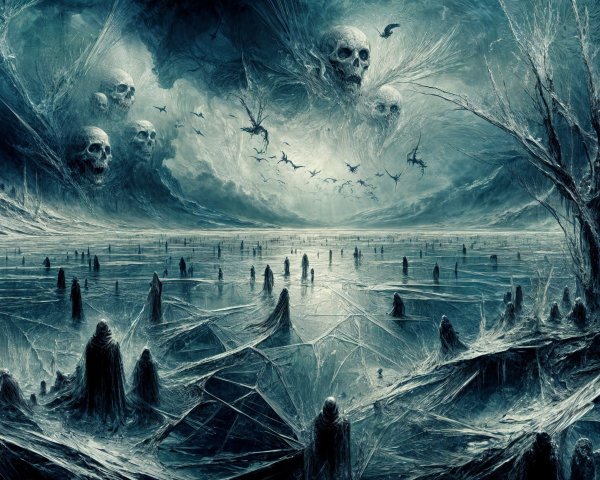 Surreal Landscape with Frozen Lake and Eerie Figures