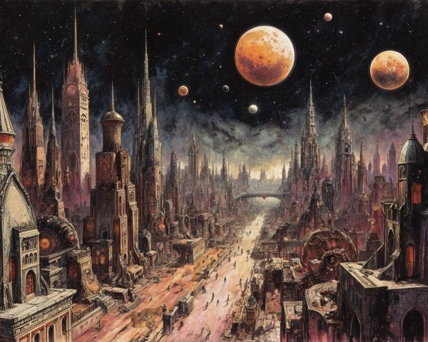 Futuristic cityscape with towering spires and planets