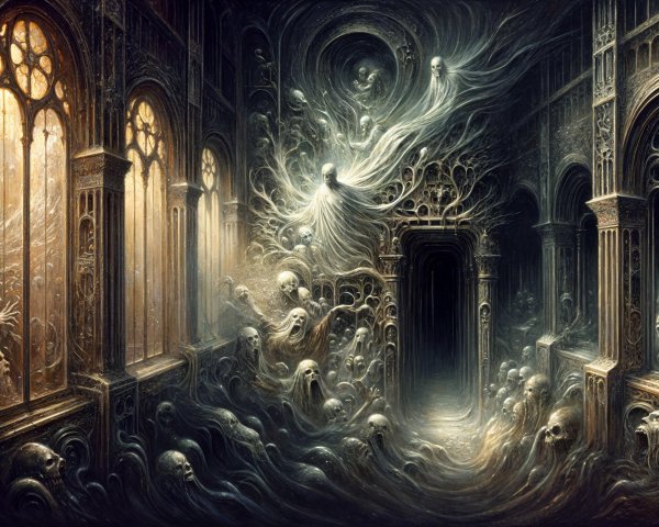 Ethereal Hall with Spectral Figures and Ghostly Light