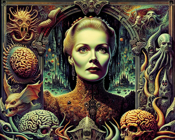 Surreal Portrait of a Woman in Chaotic Fantasy Scene