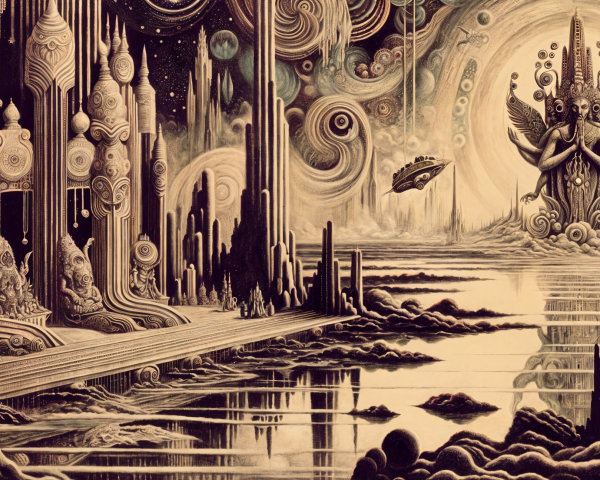 Otherworldly Landscape with Towering Structures and Beings
