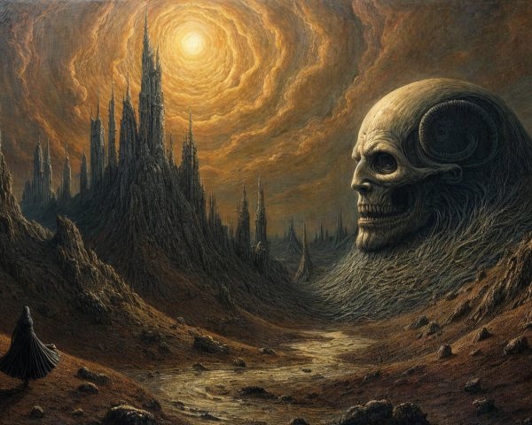 Surreal Landscape with Colossal Skull and Dark Figure