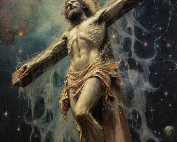 Dramatic Crucifixion with Cosmic Backdrop and Nebula