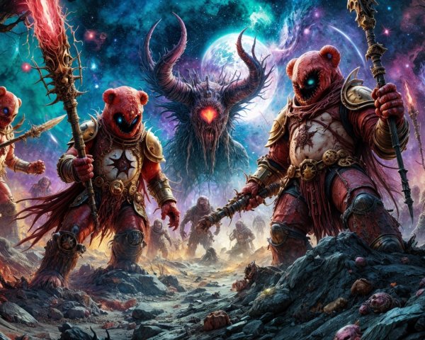 Cosmic Scene of Armored Bear Warriors in Battle