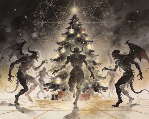 Demonic Creatures in an Apocalyptic Christmas Scene