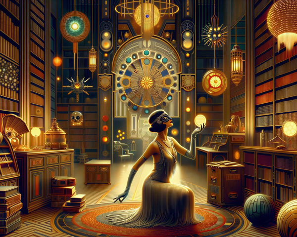 Elegant woman in white dress in art deco library setting