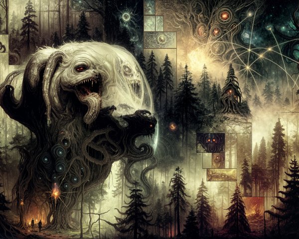 Surreal Landscape with Dark Trees and Monstrous Figure